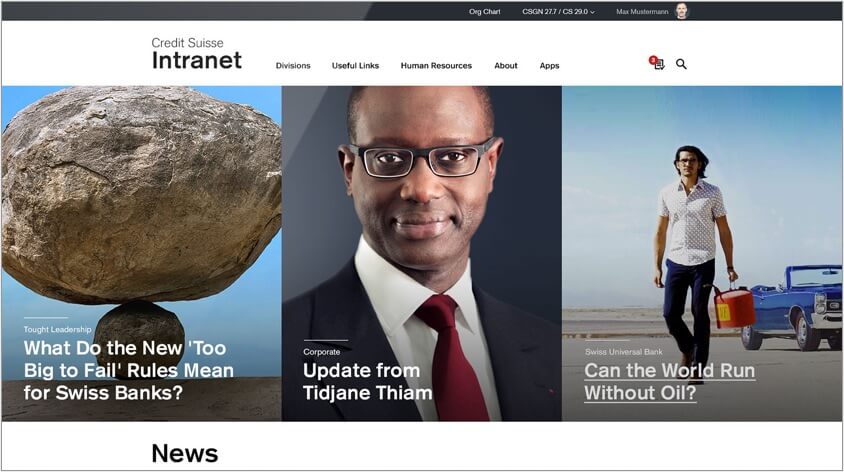 Intranet Startseite mit Fels, Thiam und Mann ohne Benzin.