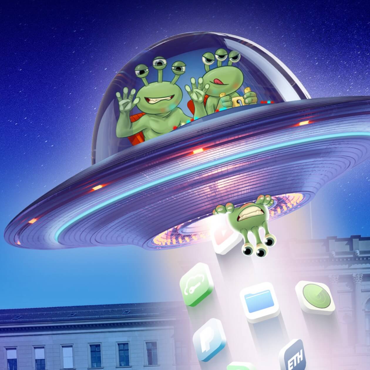 Grüne Monster in ihrem UFO als Storytelling Element für IT Security der ETH Zürich.